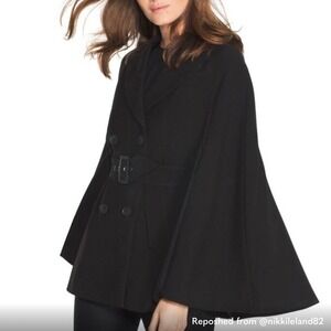 NEW White House Black Market WHBM Black Poncho Belted Drape Cape Button Chic XXS